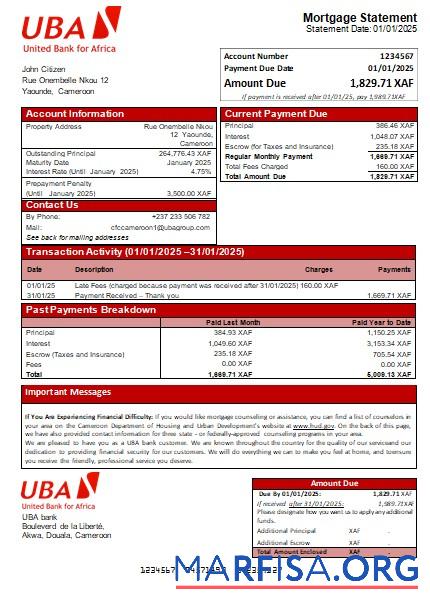 Printable Cameroon UBA bank mortgage statement scr template